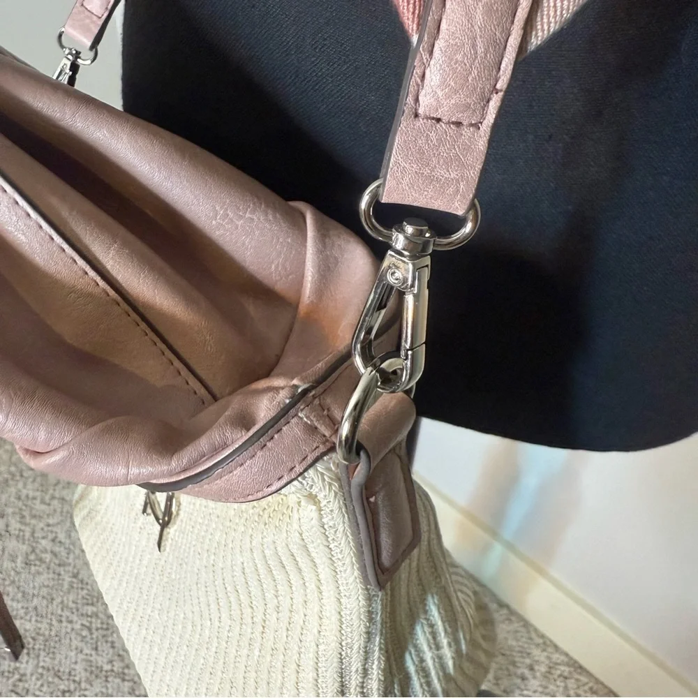 STEVE MADDEN Bmayor Raffia Crossbody Bucket Bag Blush Pink Strawberry Milkshake - Picture 7 of 16